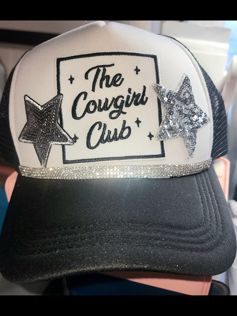 The Cowgirl Club Black & White Sequin Star Trucker Hat